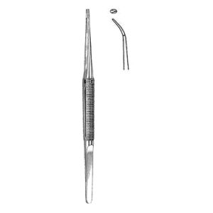 Microsurgical Forceps 18 0 cm, Curved, 0 5 mm Micro Tip 1 x 2 Teeth, with Platform, Round Handle