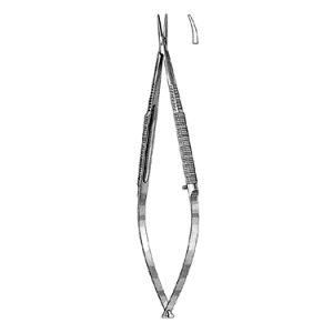 Microsurgical Needle Holder 18 0 cm, Round Handle, Curved Jaws, Delicate Tip, without Catch