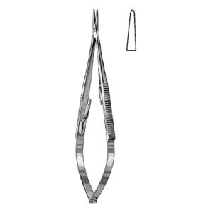Castroviejo Needle Holder 14 0 cm, 11 mm Smooth Jaws, Flat Serrated Handle with Lock, Curved