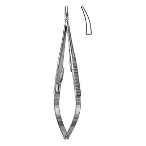Castroviejo Needle Holder 14 0 cm, 10 mm Smooth Jaws, Flat Serrated Handle with Lock, Curved