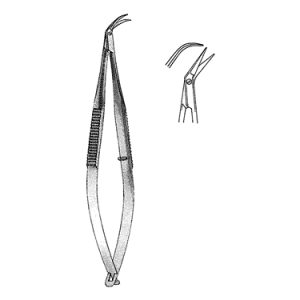 Katzin Corneal Transplant Scissors 10 8 cm, Miniature 8 mm Blades, Curved, Blunt Tips, Left