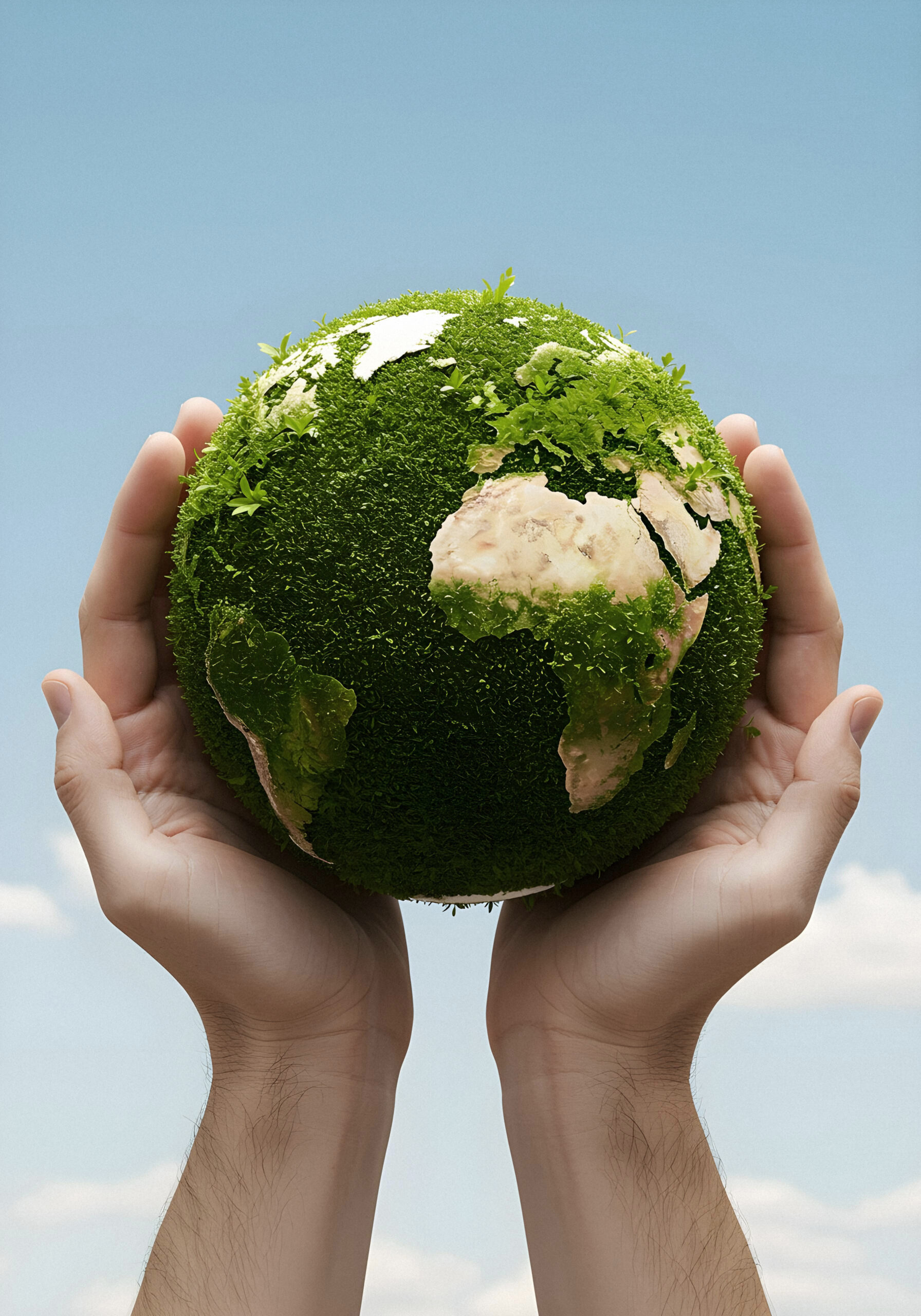 Protecting earth hands cradling mossy globe scaled